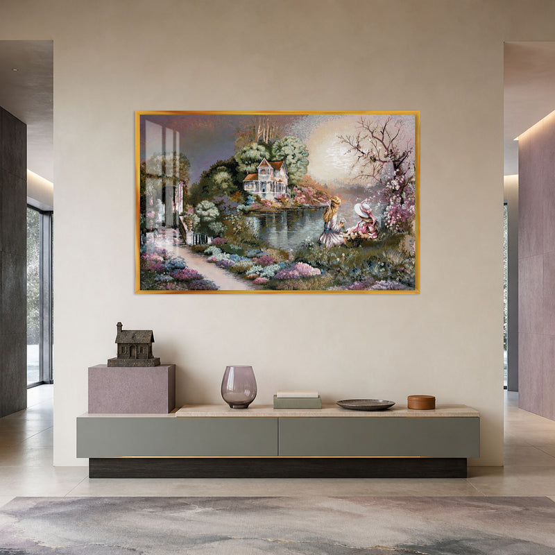 Children by the Victorian Lake House with gold frame