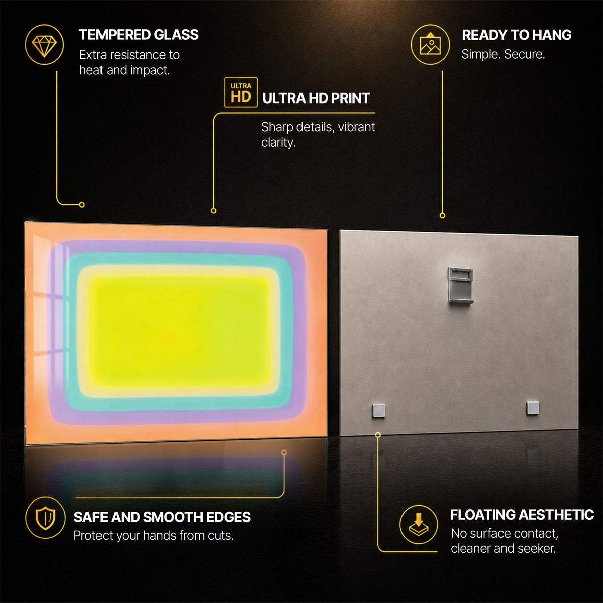 Neon Nested Rectangles — tempered glass, ultra HD print, ready to hang