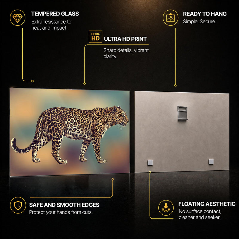 Golden Leopard — tempered glass, ultra HD print, ready to hang