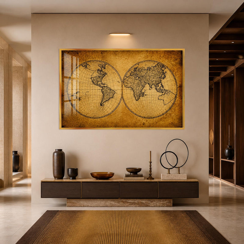 Artronauts Glass Print 18x12 cm | 7.1"x4.7" / Gold Antique World Map Glass Wall Art