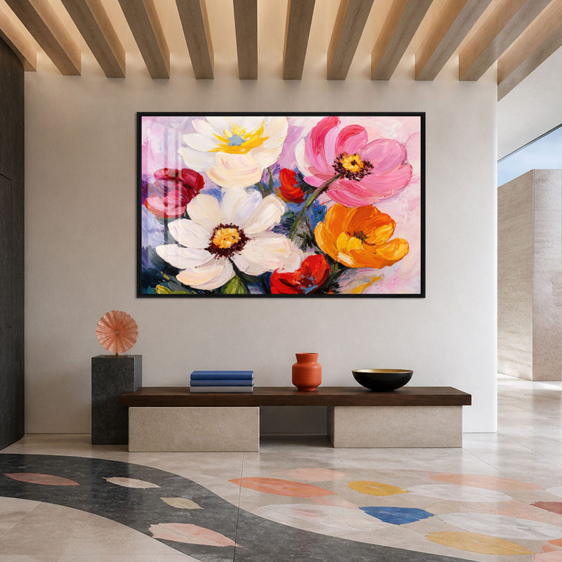 Artronauts Glass Print 18x12 cm | 7.1"x4.7" / Black Vibrant Painted Blossoms Glass Wall Art