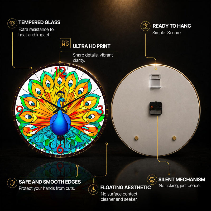 Stained Glass Peacock — tempered glass, ultra HD print, ready to hang