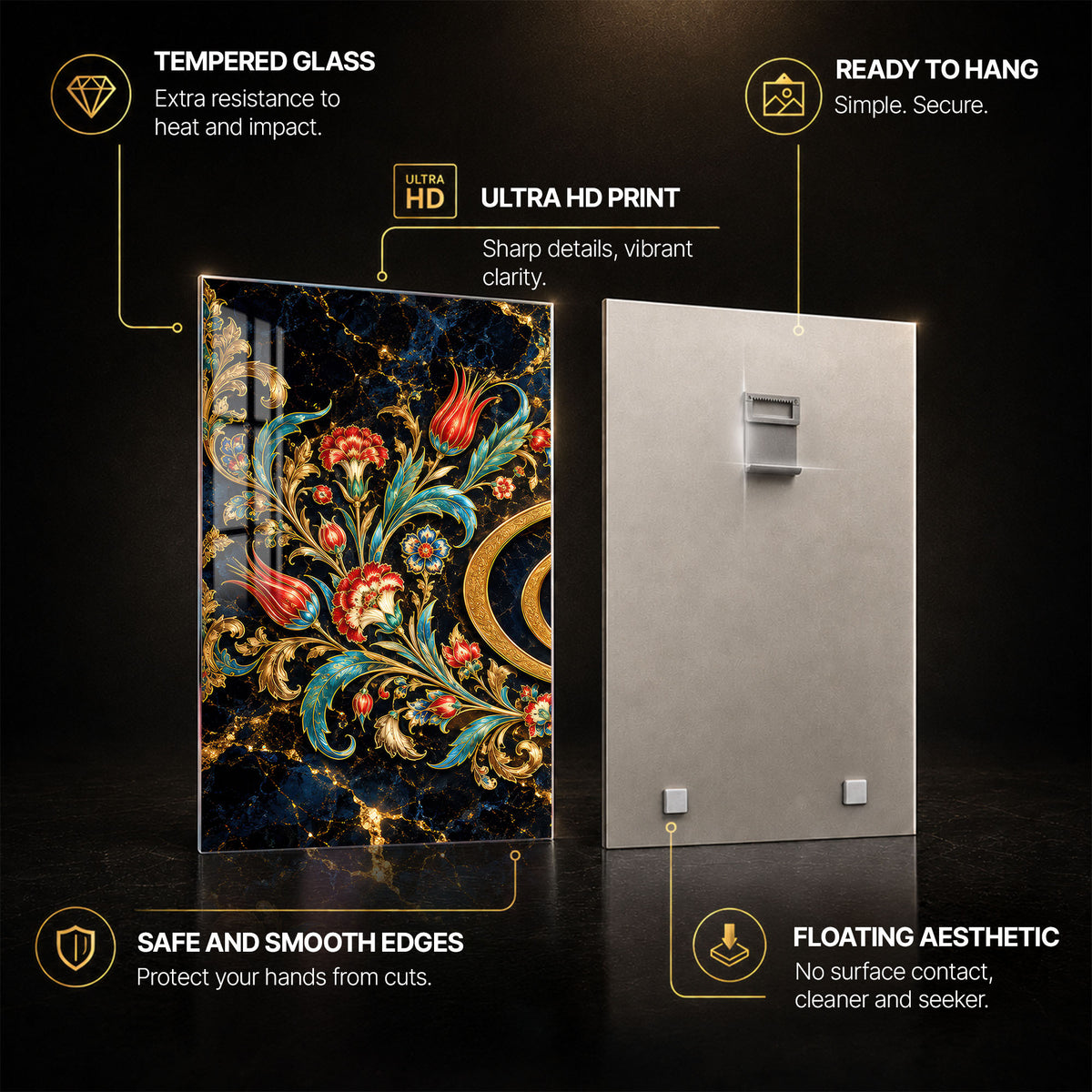 Golden Islamic Calligraphy II — tempered glass, ultra HD print, ready to hang