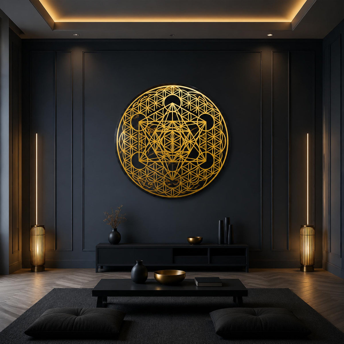 Golden Sacred Geometry — tempered glass, ultra HD print, ready to hang
