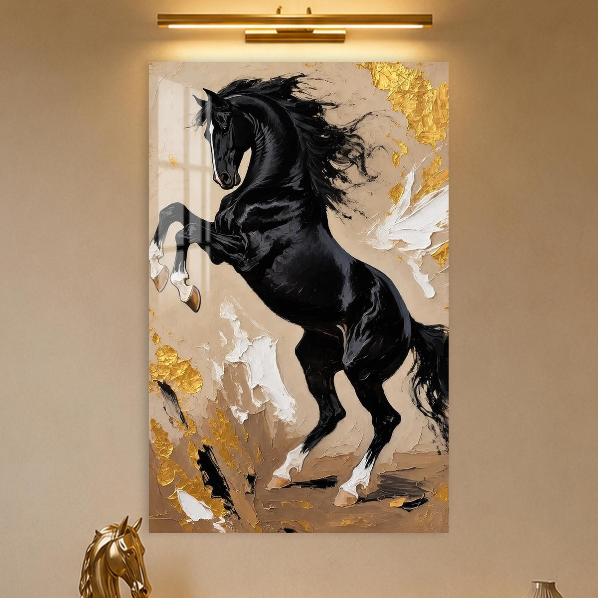 Rearing Black Stallion in a modern room