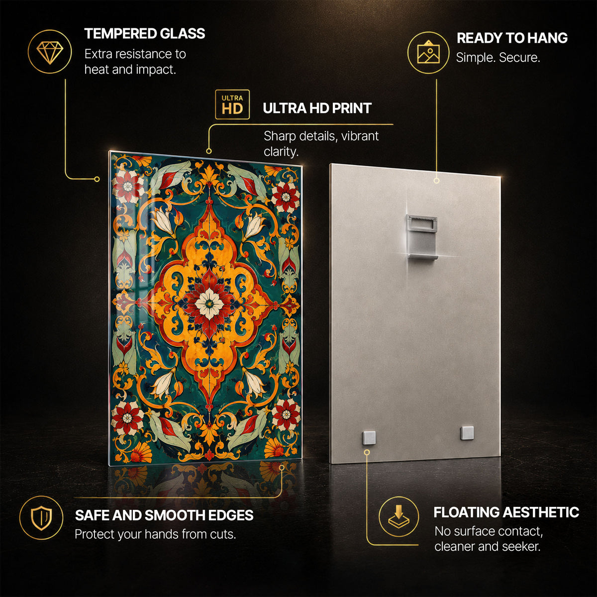 Emerald Floral Medallion — tempered glass, ultra HD print, ready to hang