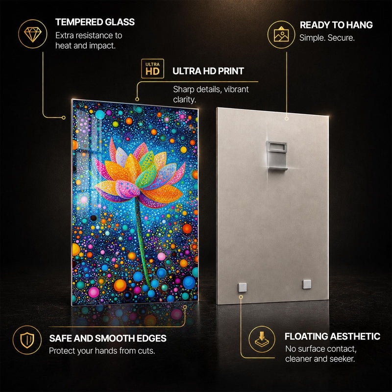 Cosmic Lotus Bloom — tempered glass, ultra HD print, ready to hang
