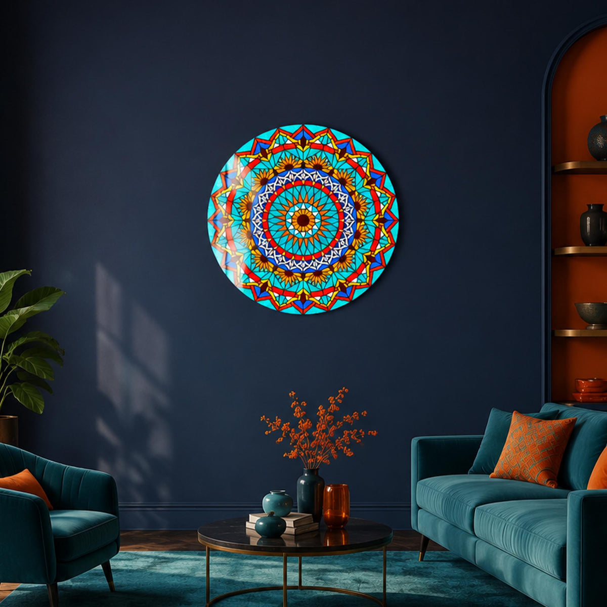 Turquoise Sun Mandala II — tempered glass, ultra HD print, ready to hang