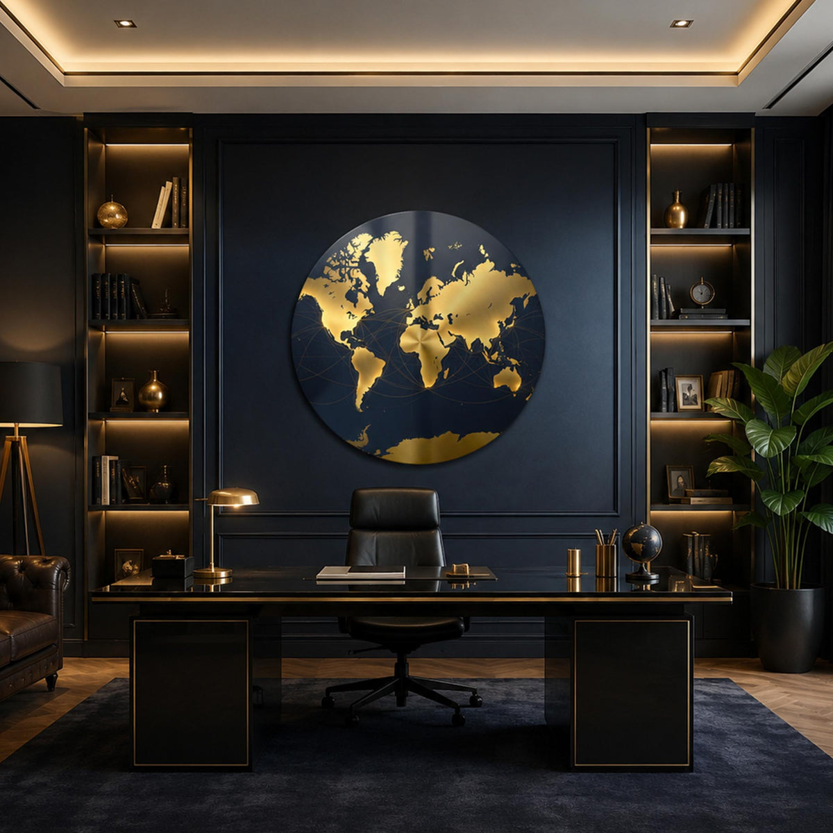Midnight Gold World Map in a modern room