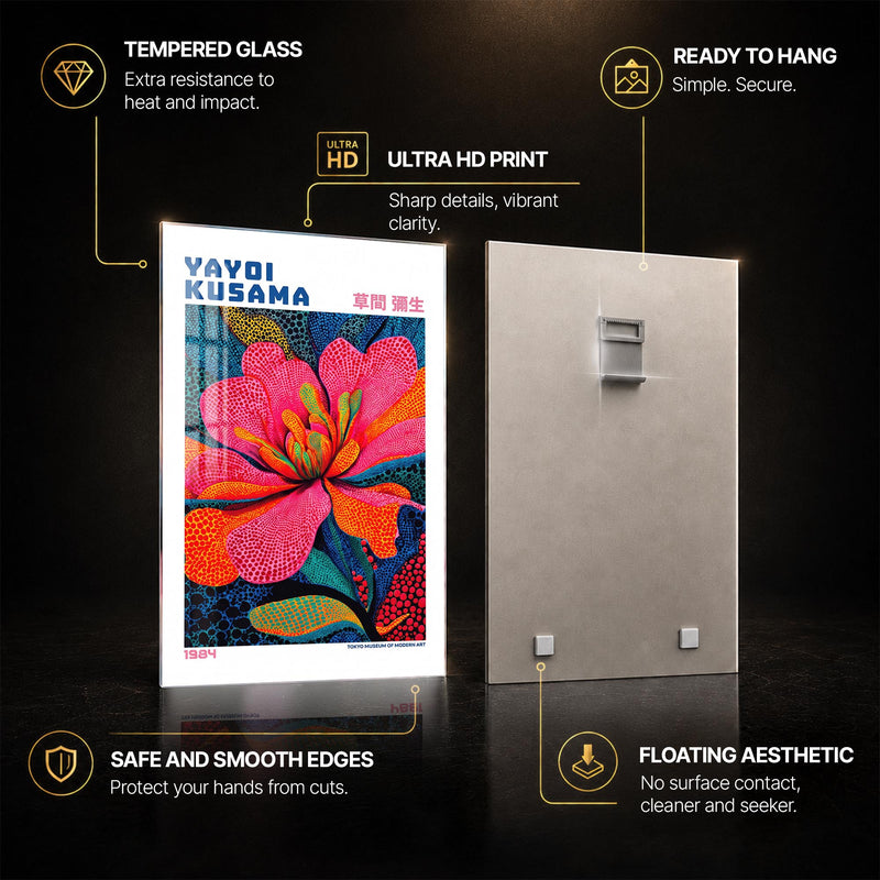 Kusama Floral Reverie — tempered glass, ultra HD print, ready to hang