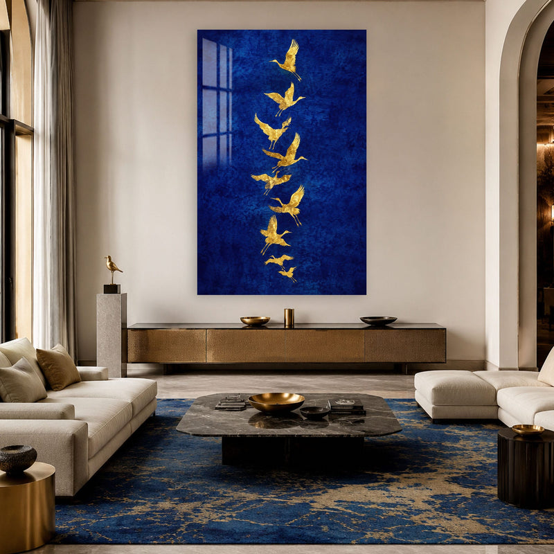 Artronauts Glass Print Golden Cranes In Flight Glass Wall Art