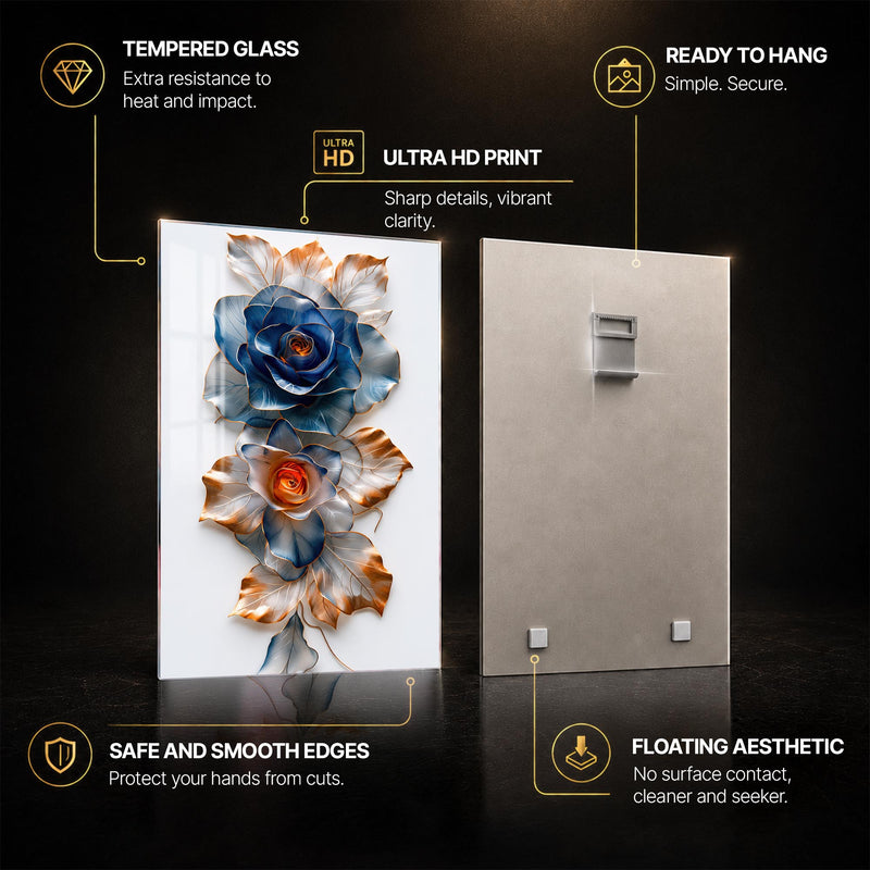 Sapphire Rose Duet — tempered glass, ultra HD print, ready to hang