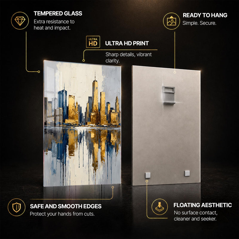 Golden City Reflections — tempered glass, ultra HD print, ready to hang