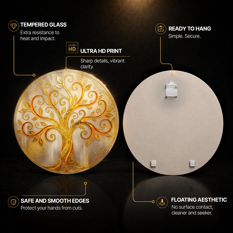 Golden Filigree Tree Of Life — tempered glass, ultra HD print, ready to hang