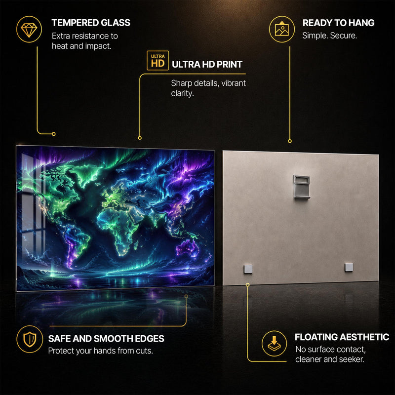 Aurora World Map — tempered glass, ultra HD print, ready to hang
