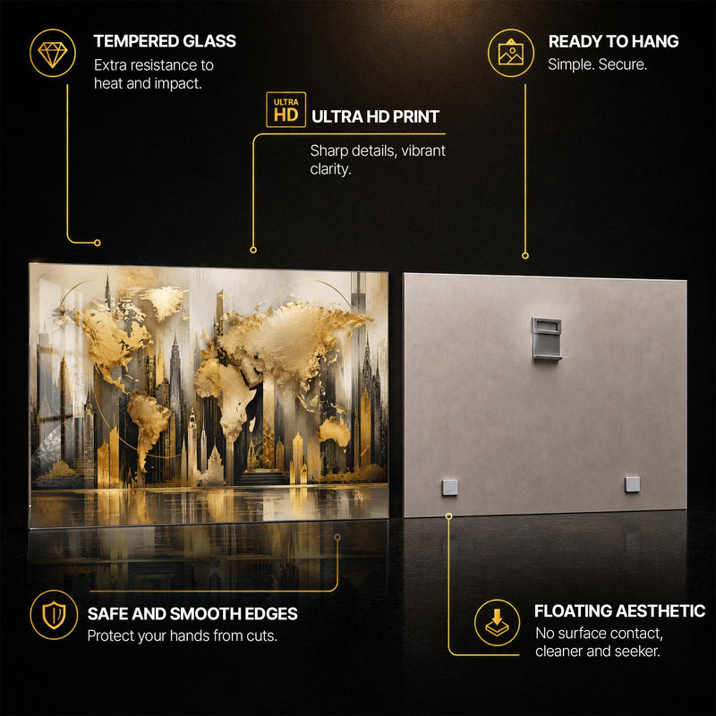 Golden World Metropolis — tempered glass, ultra HD print, ready to hang