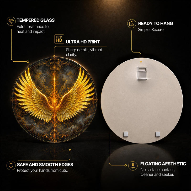 Golden Phoenix Wings — tempered glass, ultra HD print, ready to hang