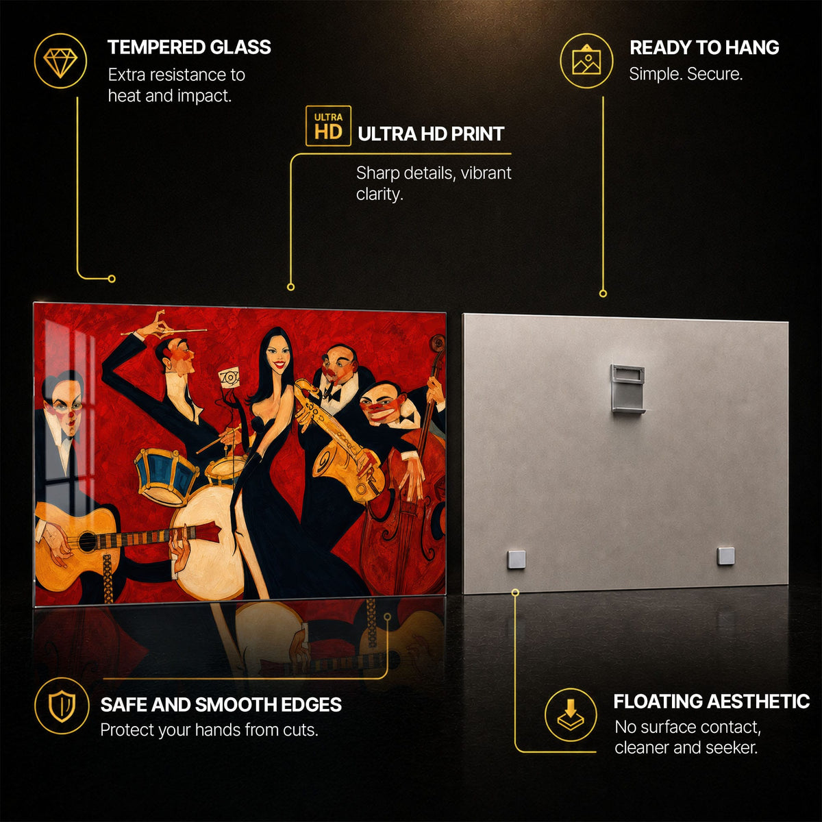 Scarlet Jazz Ensemble — tempered glass, ultra HD print, ready to hang