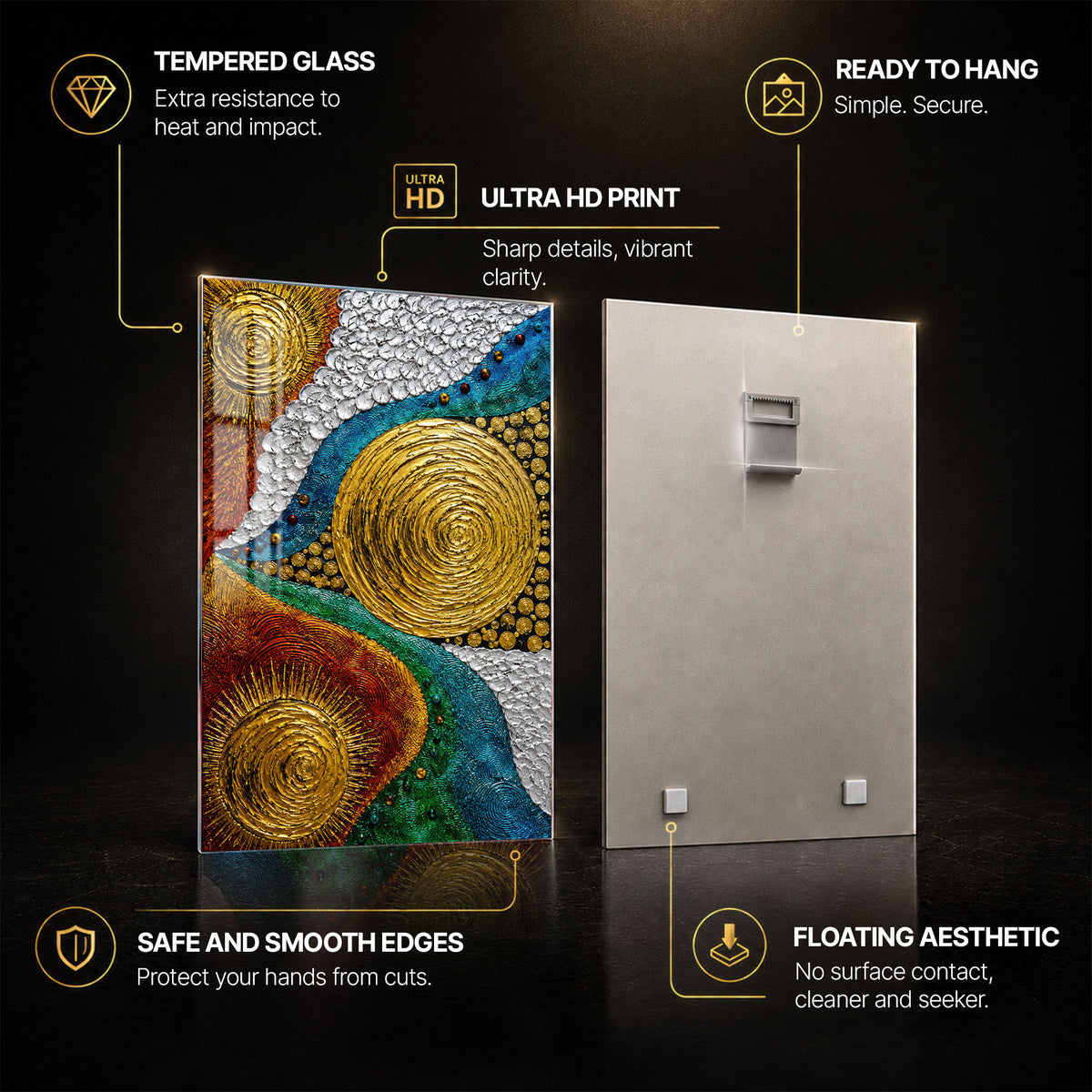 Gilded Cosmic Currents — tempered glass, ultra HD print, ready to hang