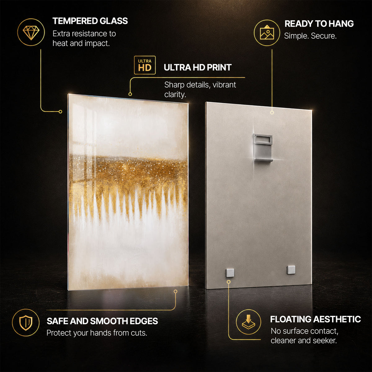 Golden Horizon — tempered glass, ultra HD print, ready to hang