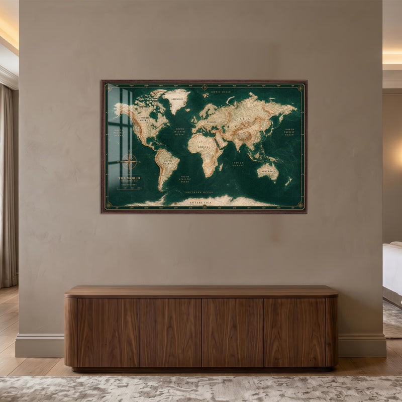 Emerald World Map with walnut frame