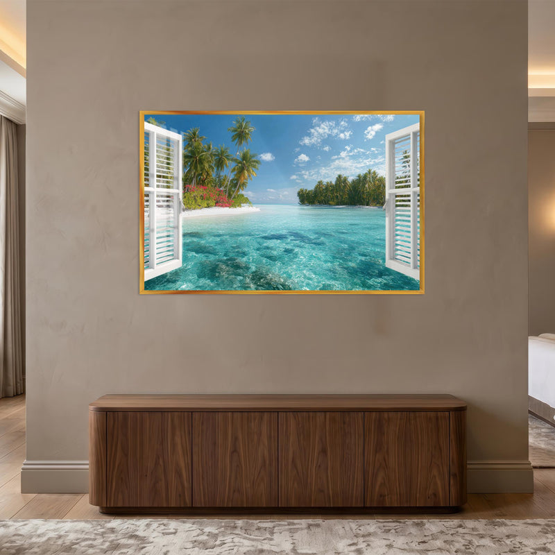 Tropical Window Escape with gold frame