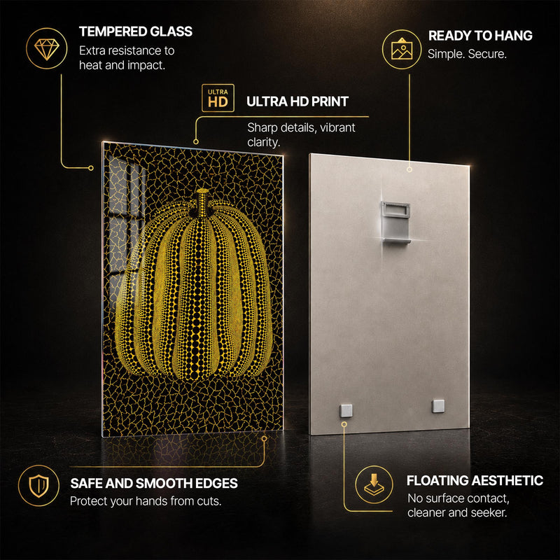 Golden Dotted Pumpkin — tempered glass, ultra HD print, ready to hang