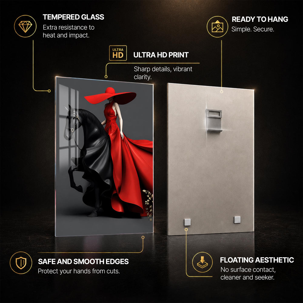 Red Gown Horsewoman — tempered glass, ultra HD print, ready to hang