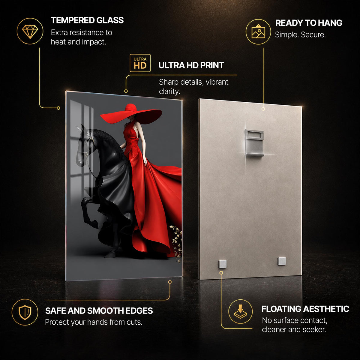 Red Gown Horsewoman — tempered glass, ultra HD print, ready to hang