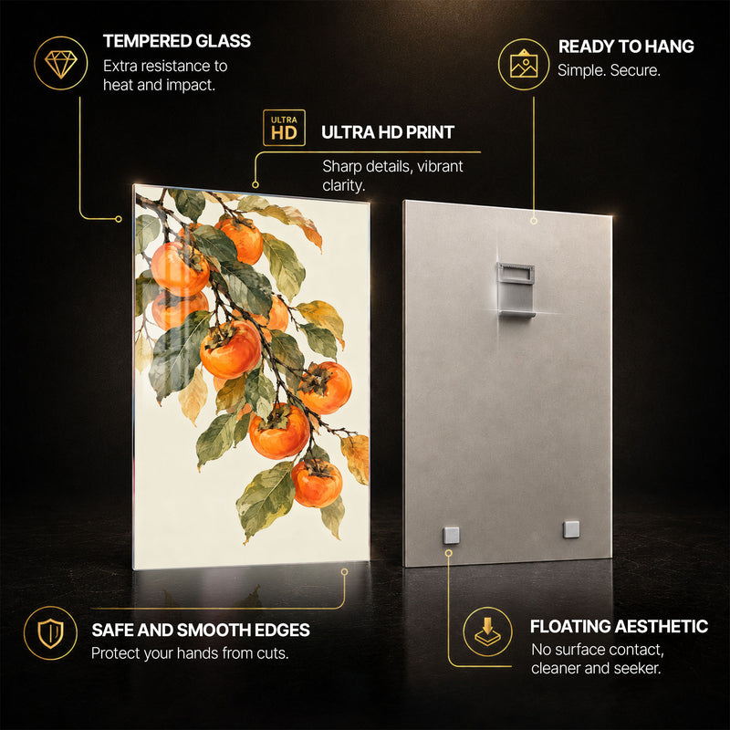 Persimmon Branch — tempered glass, ultra HD print, ready to hang