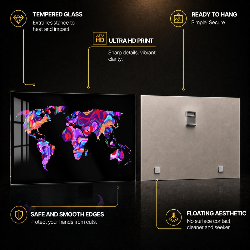 Chromatic World Map — tempered glass, ultra HD print, ready to hang