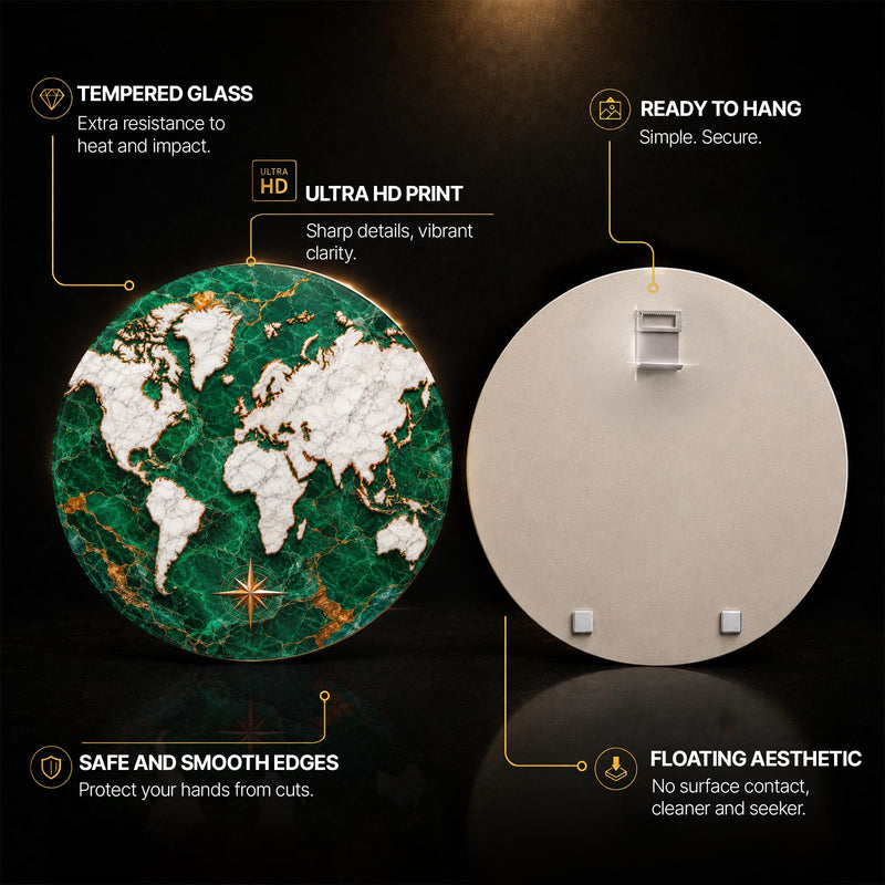 Emerald Marble World — tempered glass, ultra HD print, ready to hang