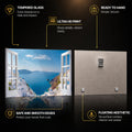 Santorini Window View — tempered glass, ultra HD print, ready to hang