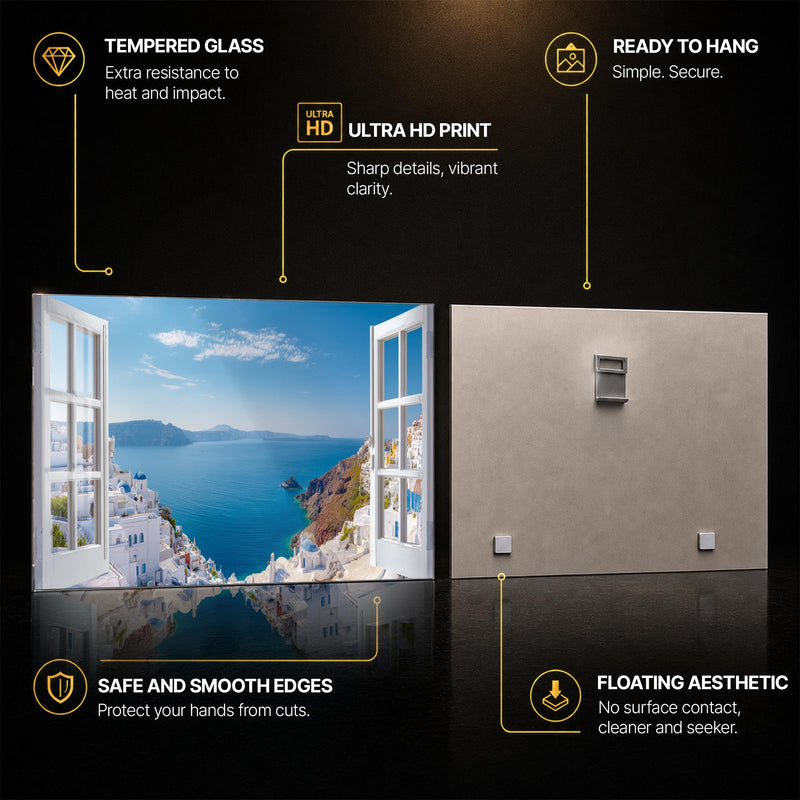 Santorini Window View — tempered glass, ultra HD print, ready to hang