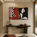 Crimson Cubist Faces with walnut frame