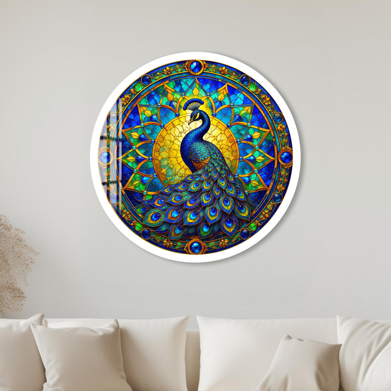 Emerald Stained Glass Peacock with white frame