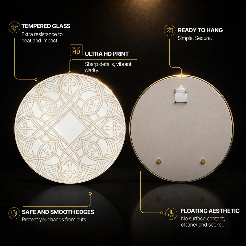 Gothic Cross And Dove Roundel — tempered glass, ultra HD print, ready to hang