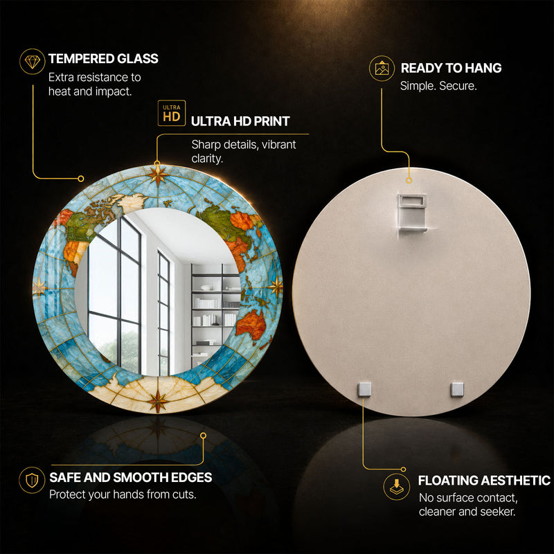 Azure World Compass — tempered glass, ultra HD print, ready to hang