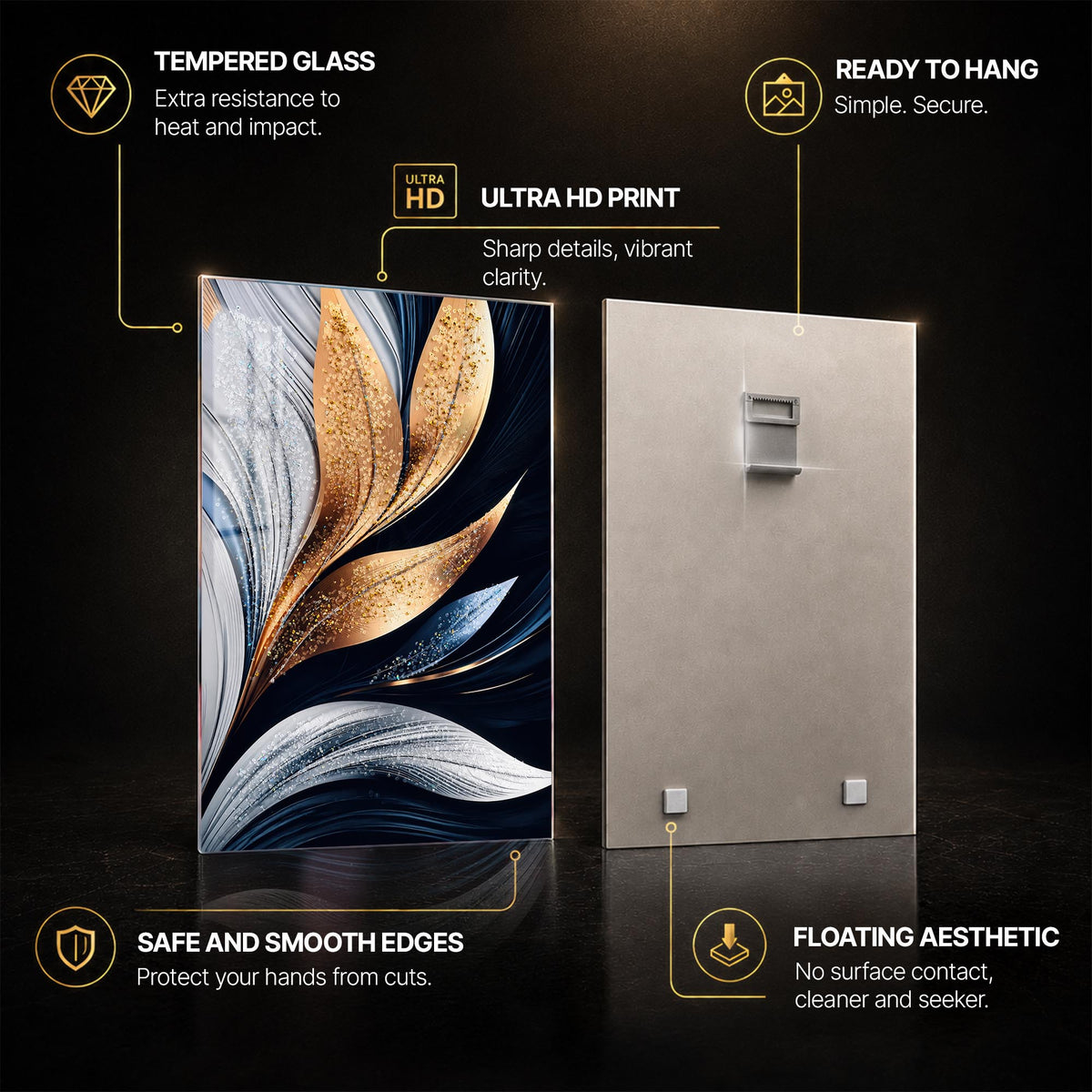 Midnight Metallic Petals — tempered glass, ultra HD print, ready to hang