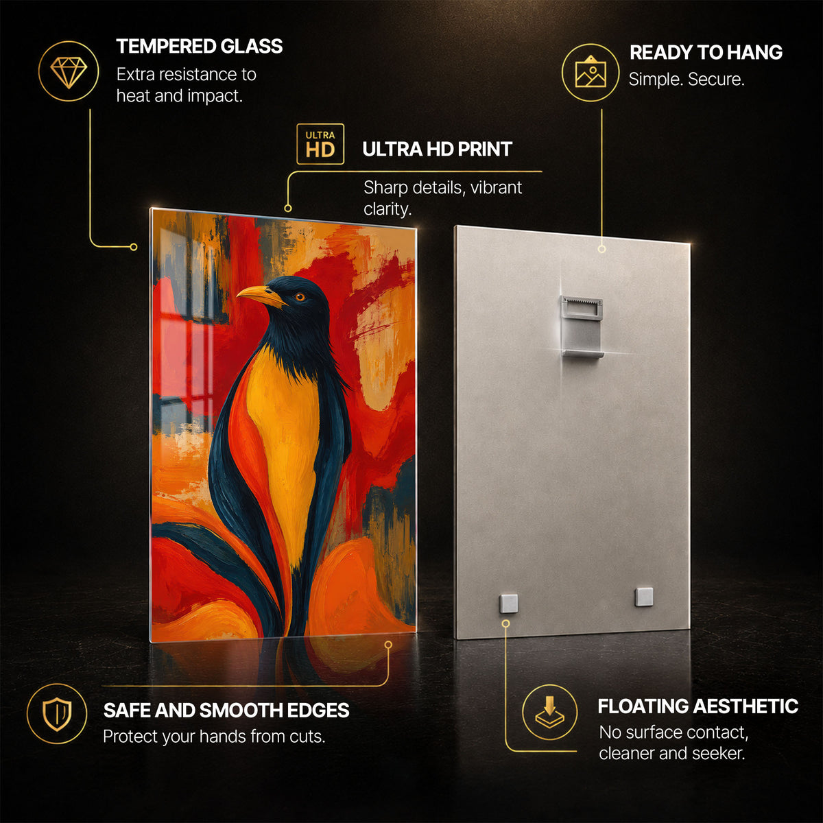 Tropical Songbird — tempered glass, ultra HD print, ready to hang