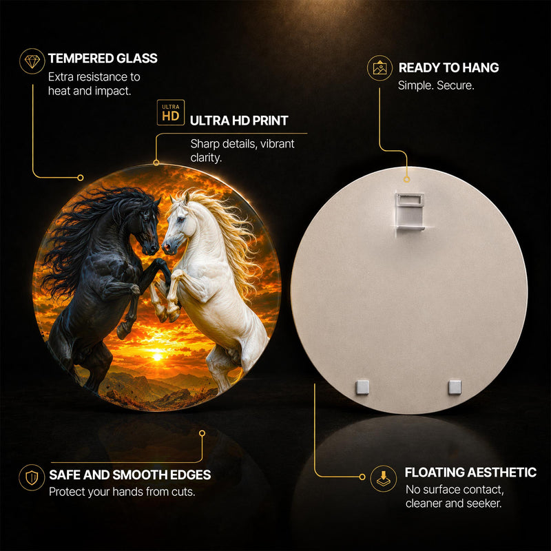 Stallions At Sunset — tempered glass, ultra HD print, ready to hang