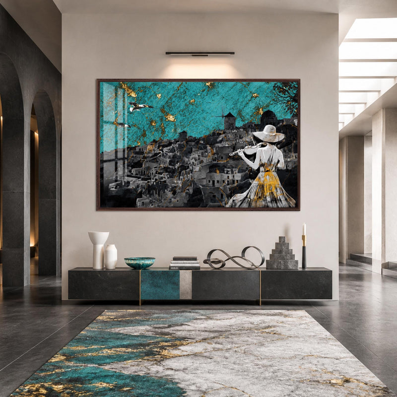 Artronauts Glass Print 18x12 cm | 7.1"x4.7" / Walnut Violinist Over Santorini Glass Wall Art