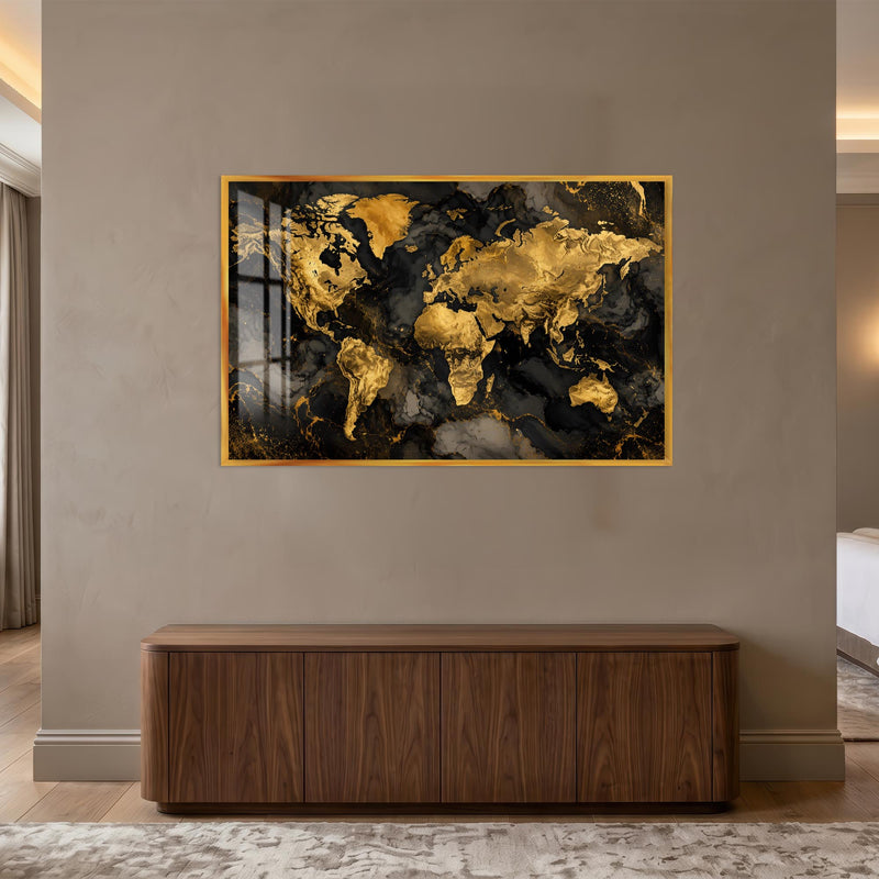 Golden Marble World Map with gold frame