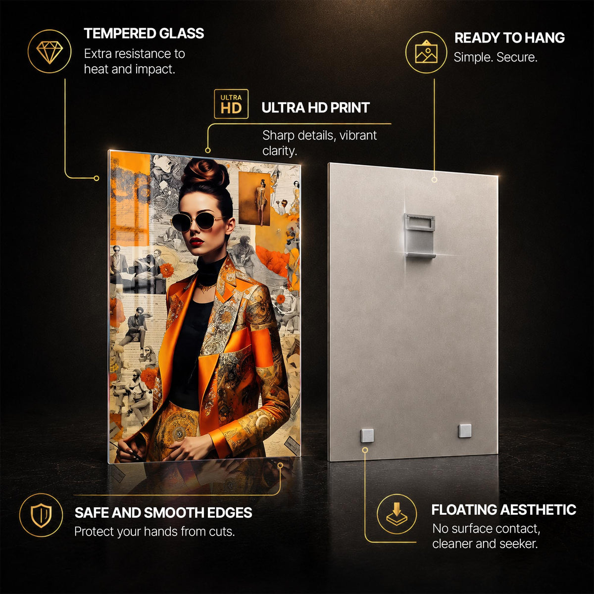 Orange Fashion Collage — tempered glass, ultra HD print, ready to hang