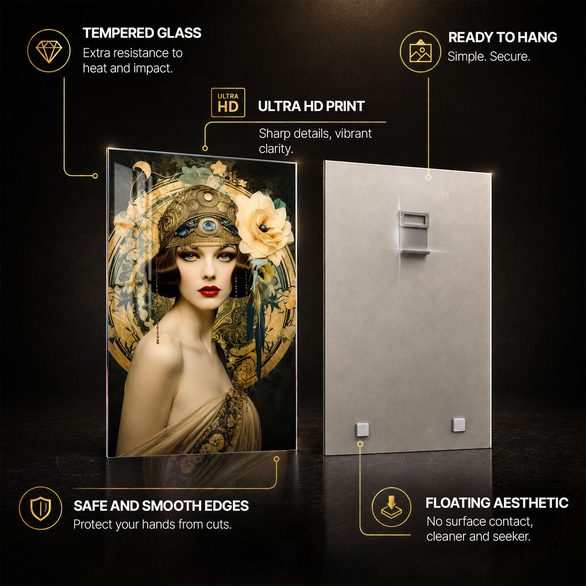 Gilded Floral Muse — tempered glass, ultra HD print, ready to hang