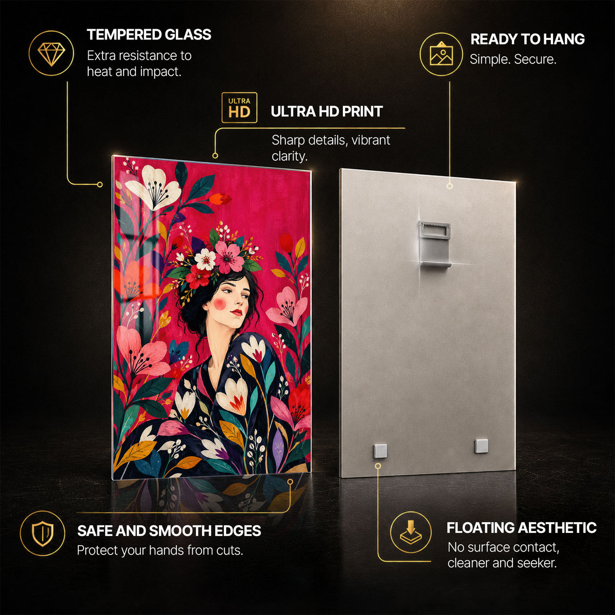 Floral Muse — tempered glass, ultra HD print, ready to hang