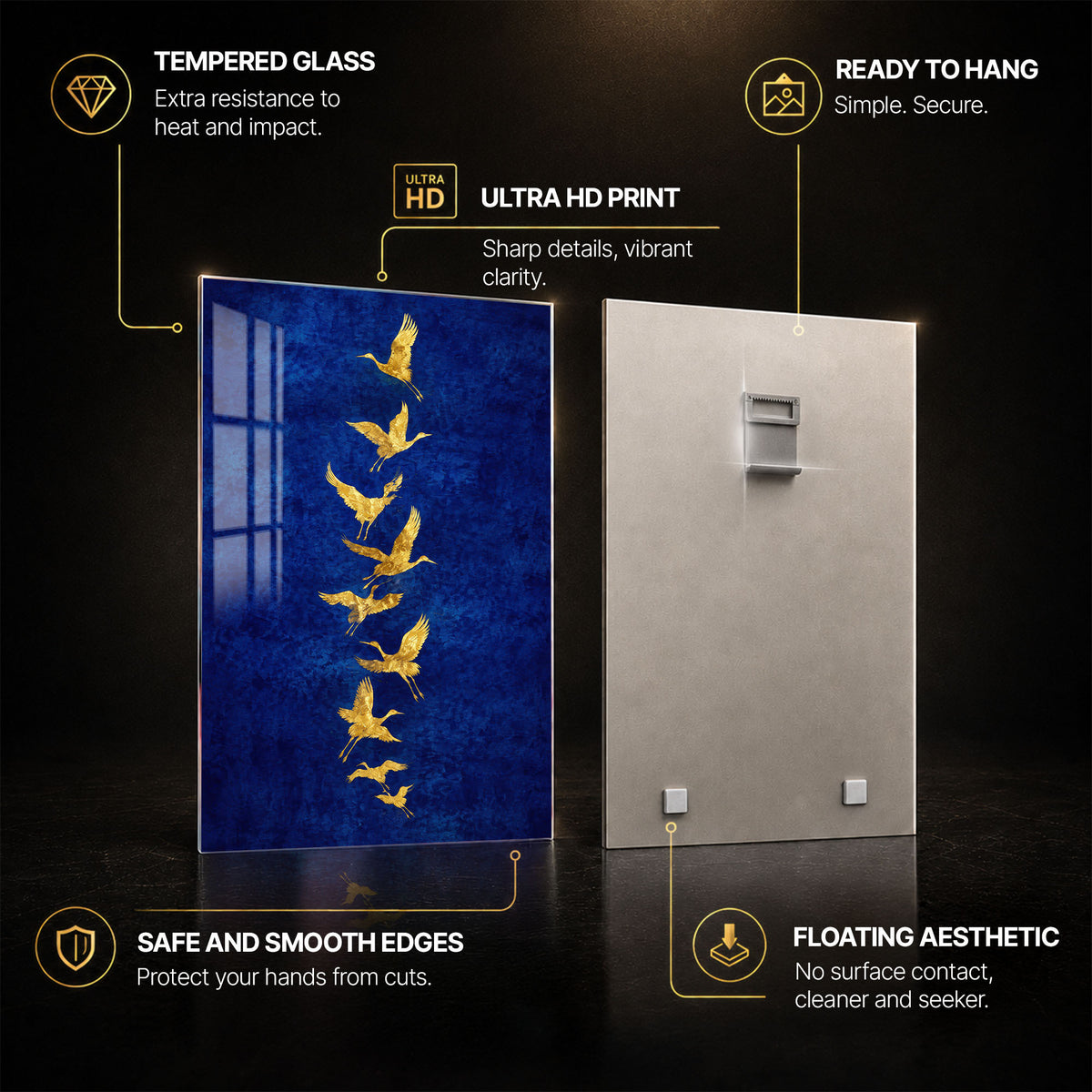 Golden Cranes In Flight — tempered glass, ultra HD print, ready to hang