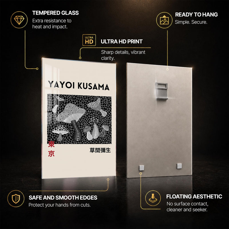 Kusama Mushroom Garden — tempered glass, ultra HD print, ready to hang