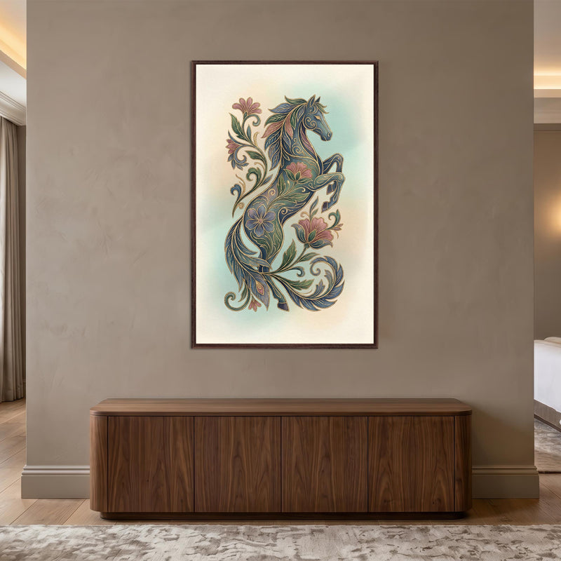 Floral Midnight Stallion with walnut frame