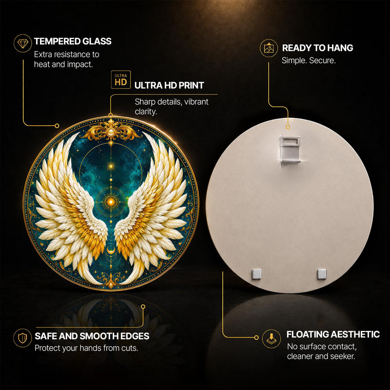 Celestial Angel Wings — tempered glass, ultra HD print, ready to hang